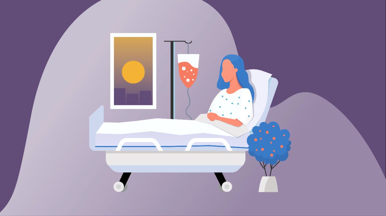Illustration of woman in hospital bed receiving an IV while looking out the window.
